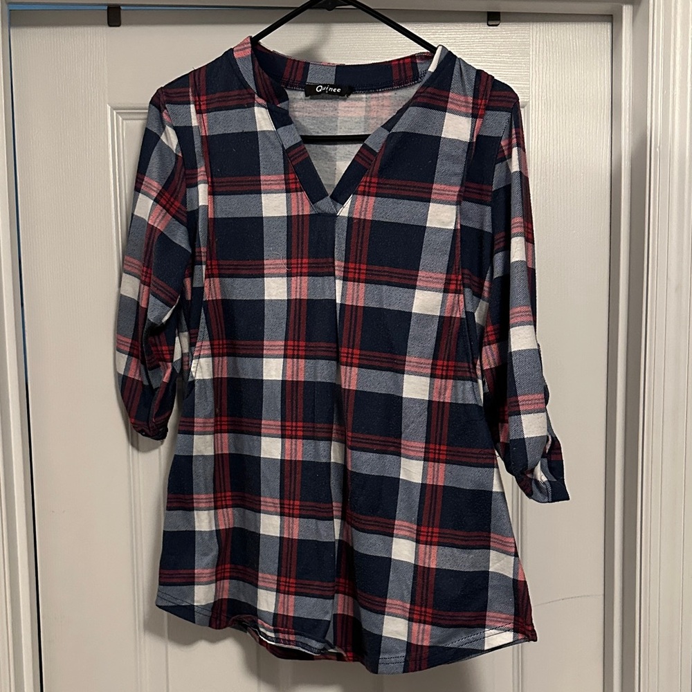 Nursing, Plaid V-Neck Tunic Top - Navy, Red & White. Small.